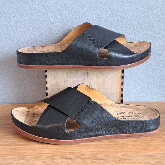Kork-Ease Tutsi Women’s 9 Black Leather Slip-On Sandals Low Wedge Summer Comfort - Picture 5 of 10